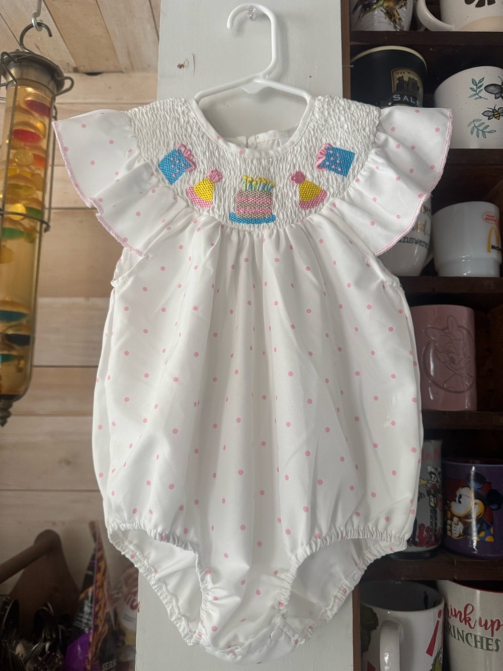 Vintage Inspired Girls White Pink Polka Dot Smocked Birthday Romper 18-24 months